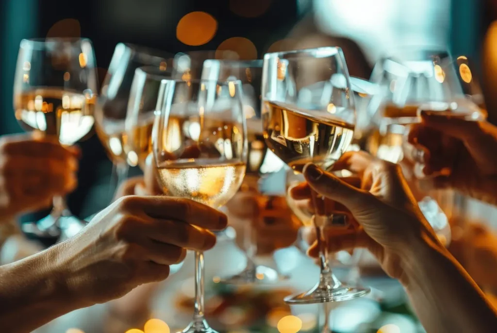 a group of people toasting with champagne glasses, celebrating a special occasion.